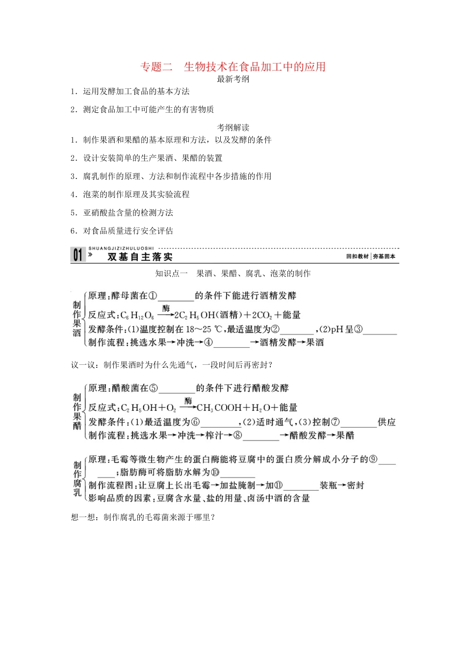 高考生物一轮复习资料 专题二 生物技术在食品加工中的应用 新人教版选修1_第1页