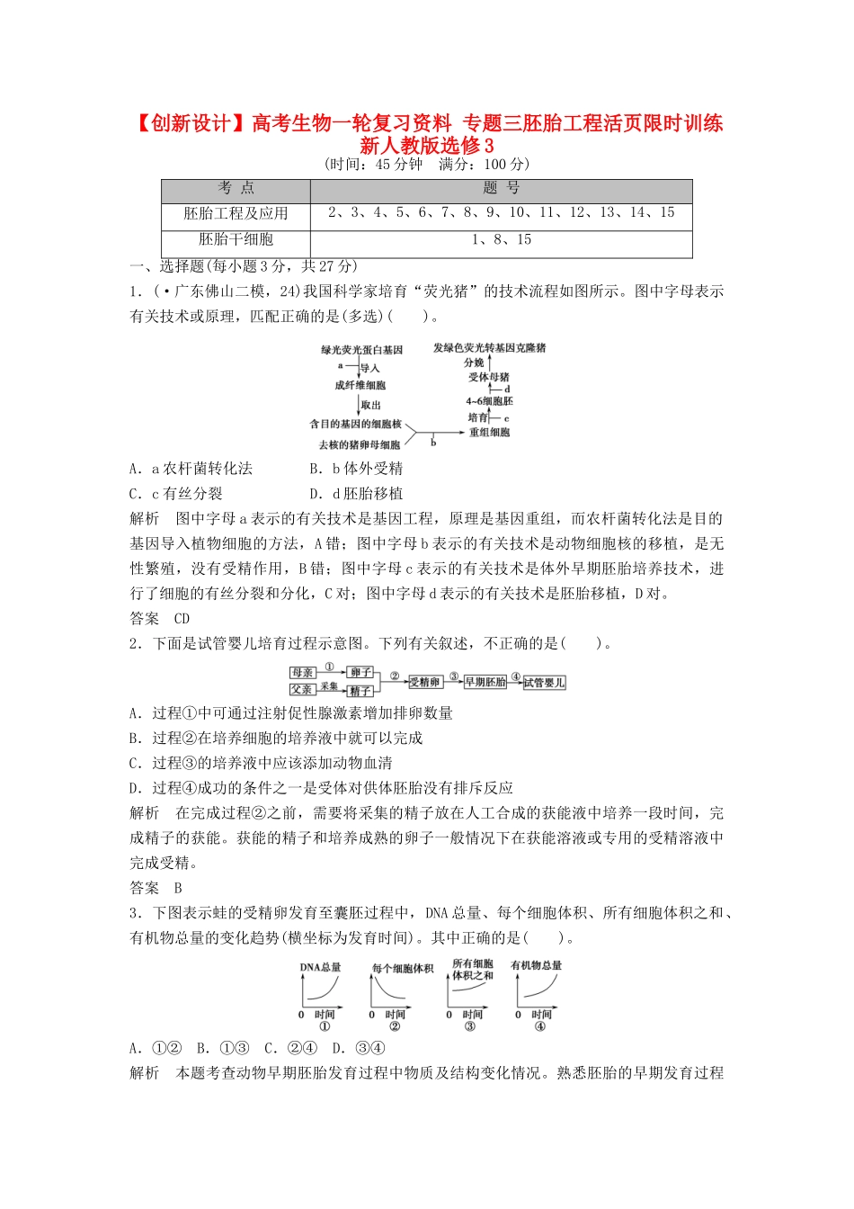 高考生物一轮复习资料 专题三胚胎工程活页限时训练 新人教版选修3_第1页