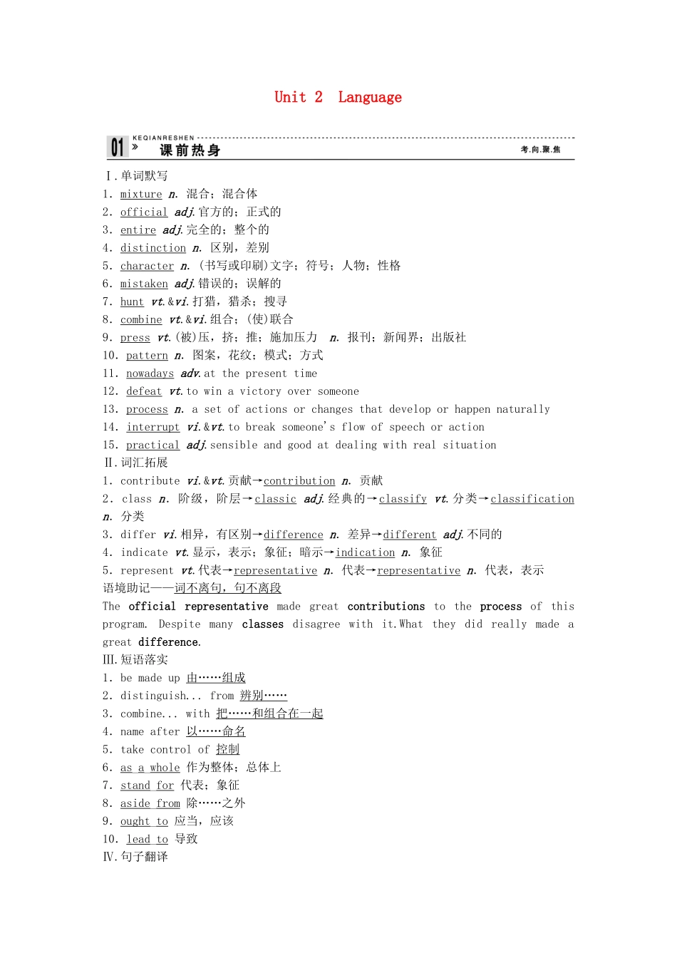 高考英语总复习 第二单元 Unit 2　Language 必修3（江苏专用）_第1页