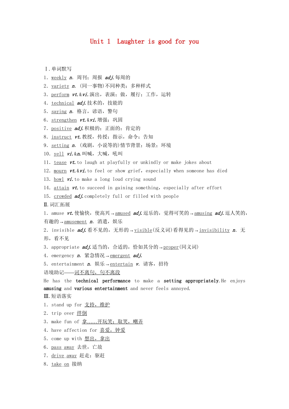 高考英语总复习 课前热身+名师讲坛 Unit1 Laughter is good for you 牛津版必修6（江苏专用）_第1页