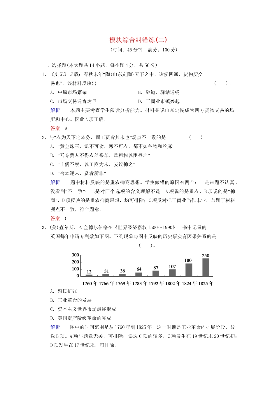 高考历史一轮复习 模块综合纠错练2 人民版_第1页