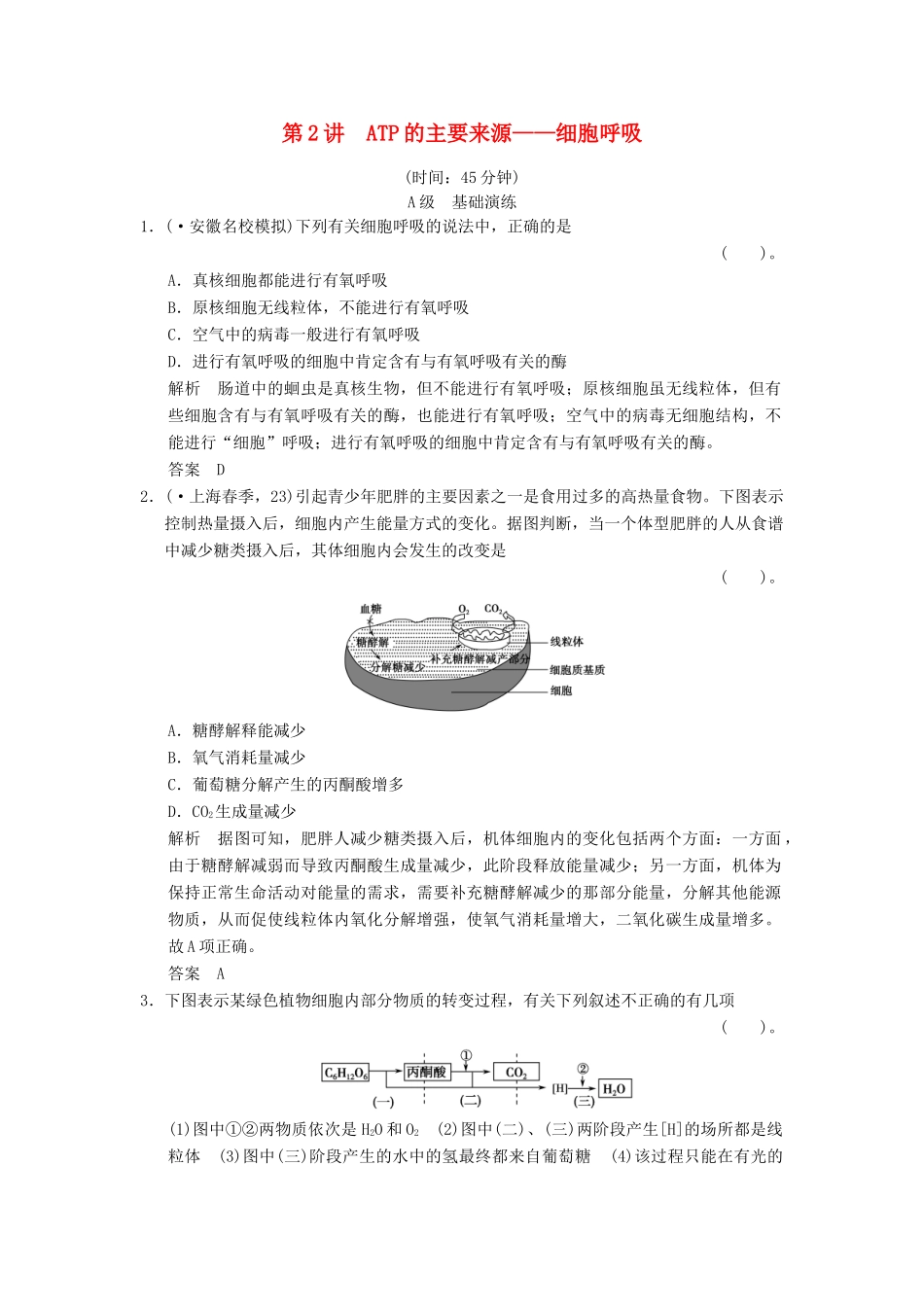 高考生物一轮复习 1-3-2 ATP的主要来源 细胞呼吸限时训练_第1页