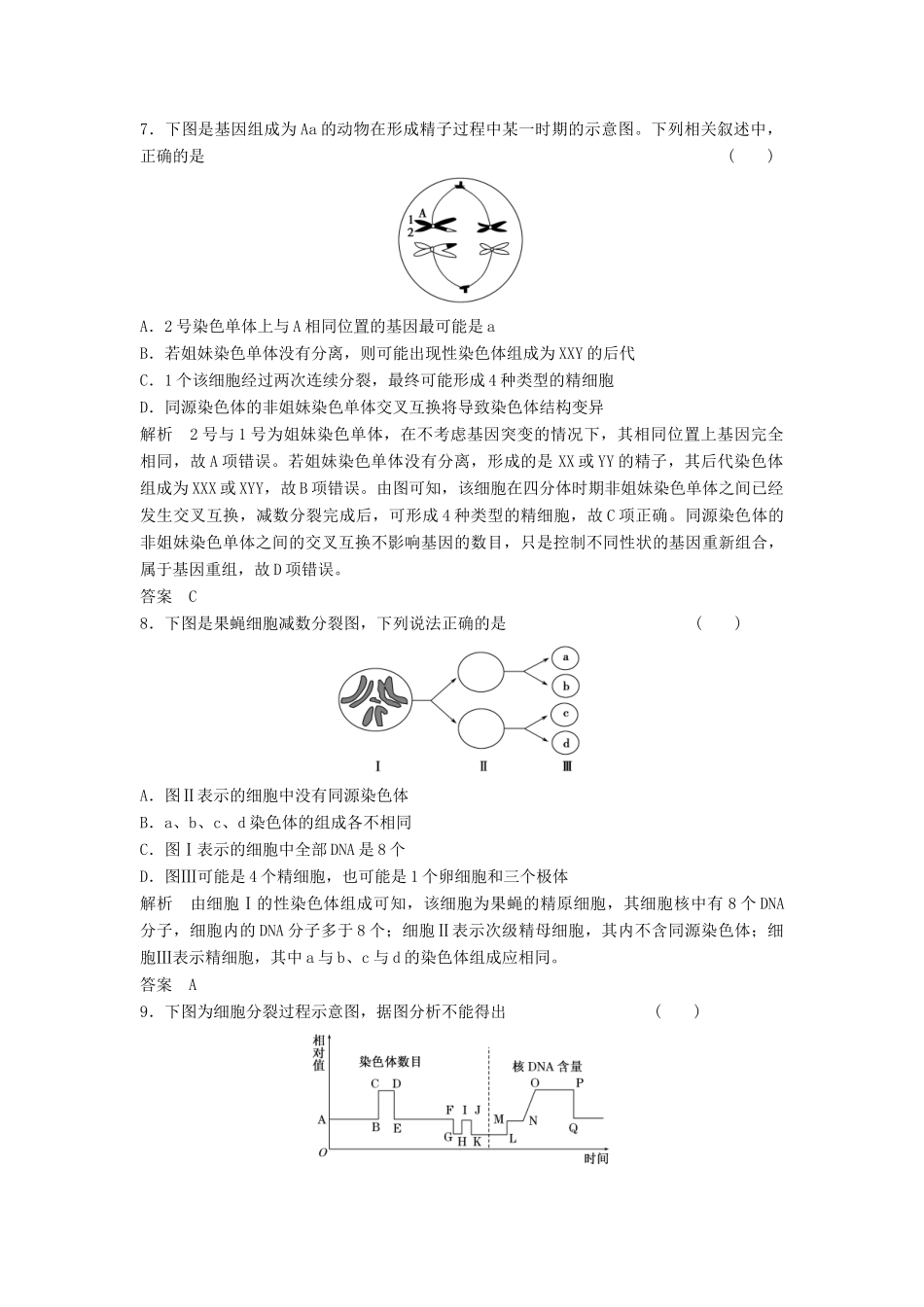 高考生物一轮复习 2-1-3 减数分裂和受精作用课时训练 新人教版必修2_第3页