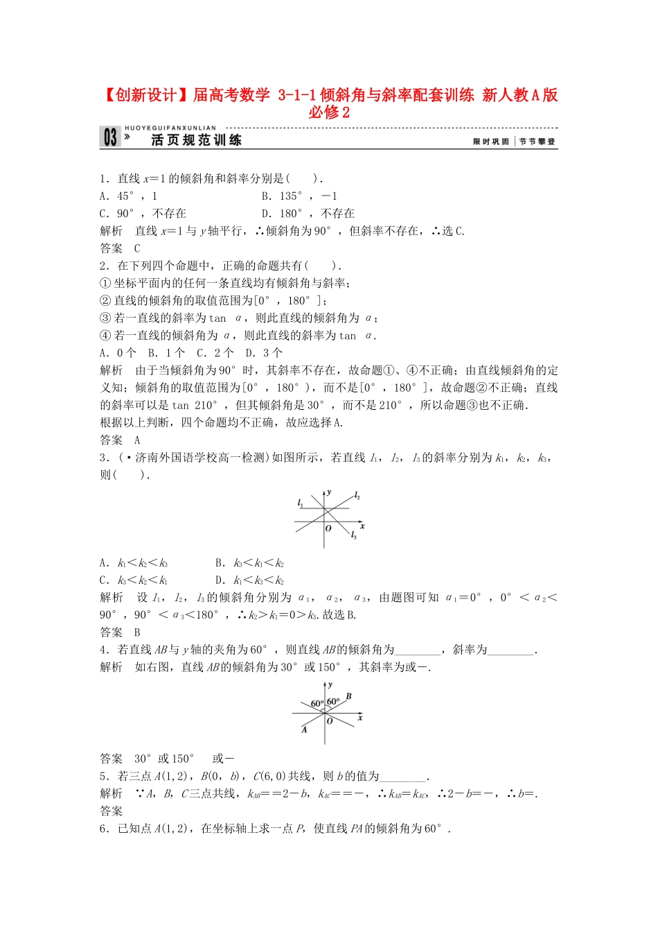 高考数学 311倾斜角与斜率配套训练 新人教A版必修2_第1页