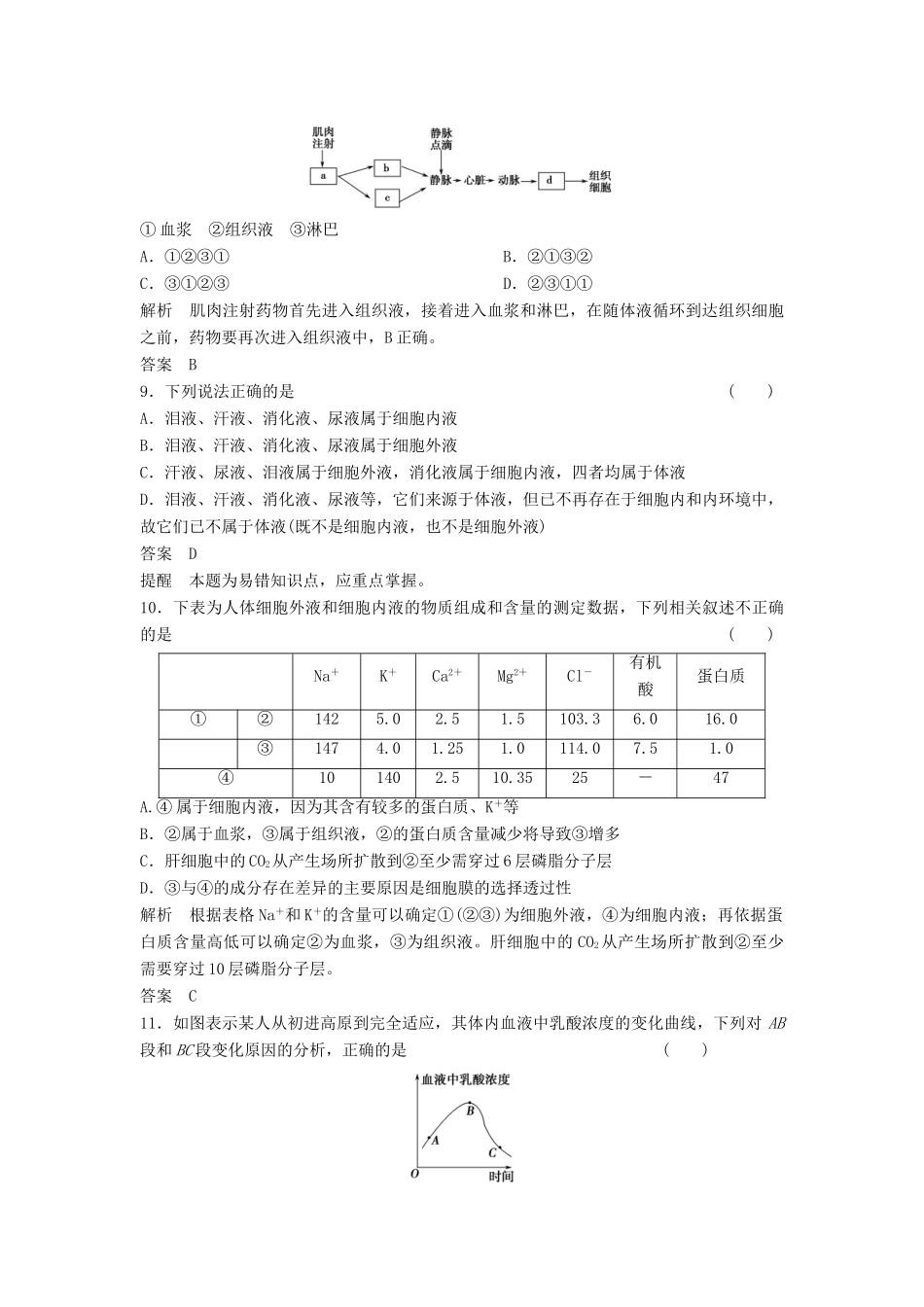 高考生物一轮复习 3-1-1 人体的内环境与稳态课时训练 新人教版必修3_第3页