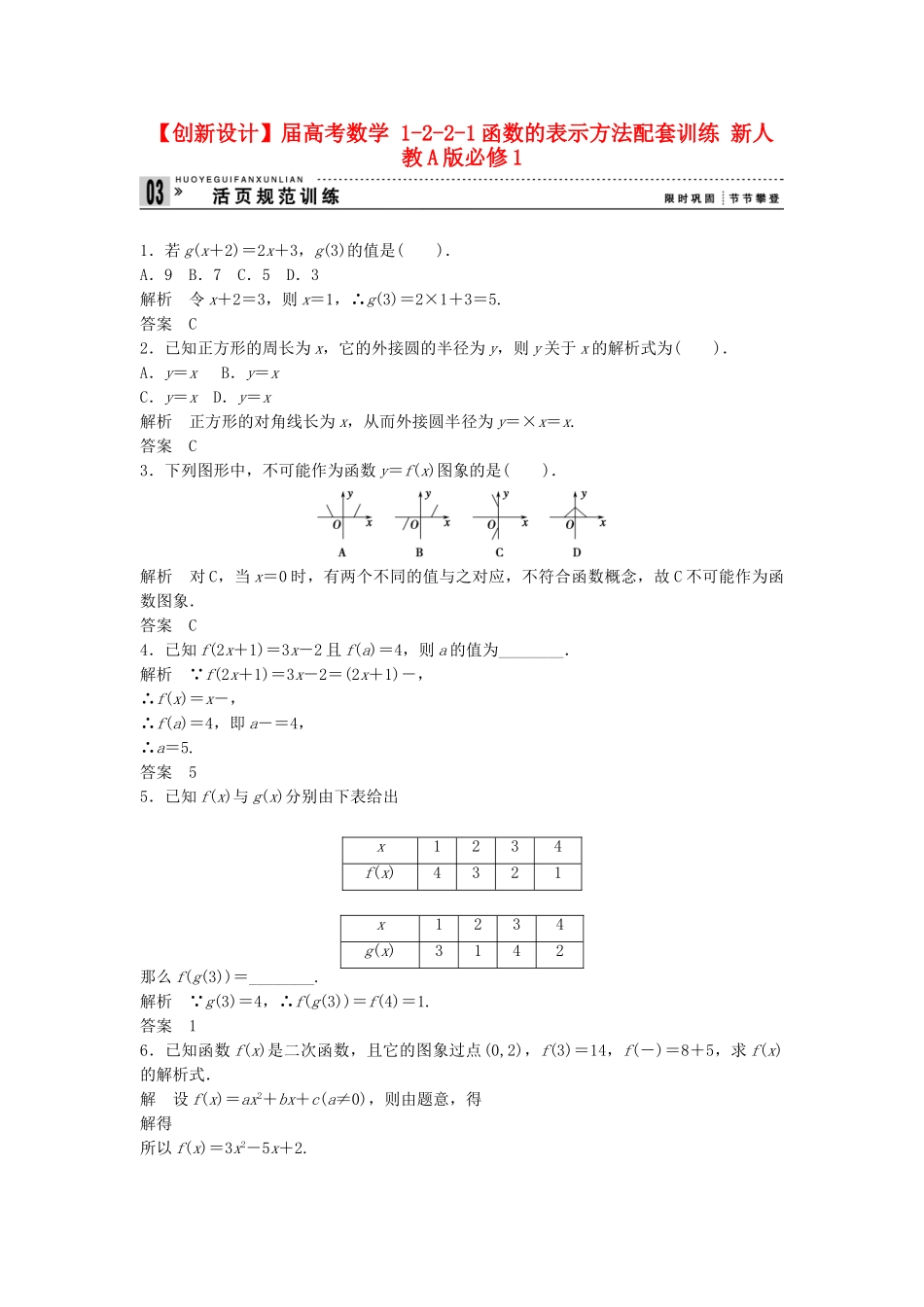 高考数学 1221函数的表示方法配套训练 新人教A版必修1_第1页