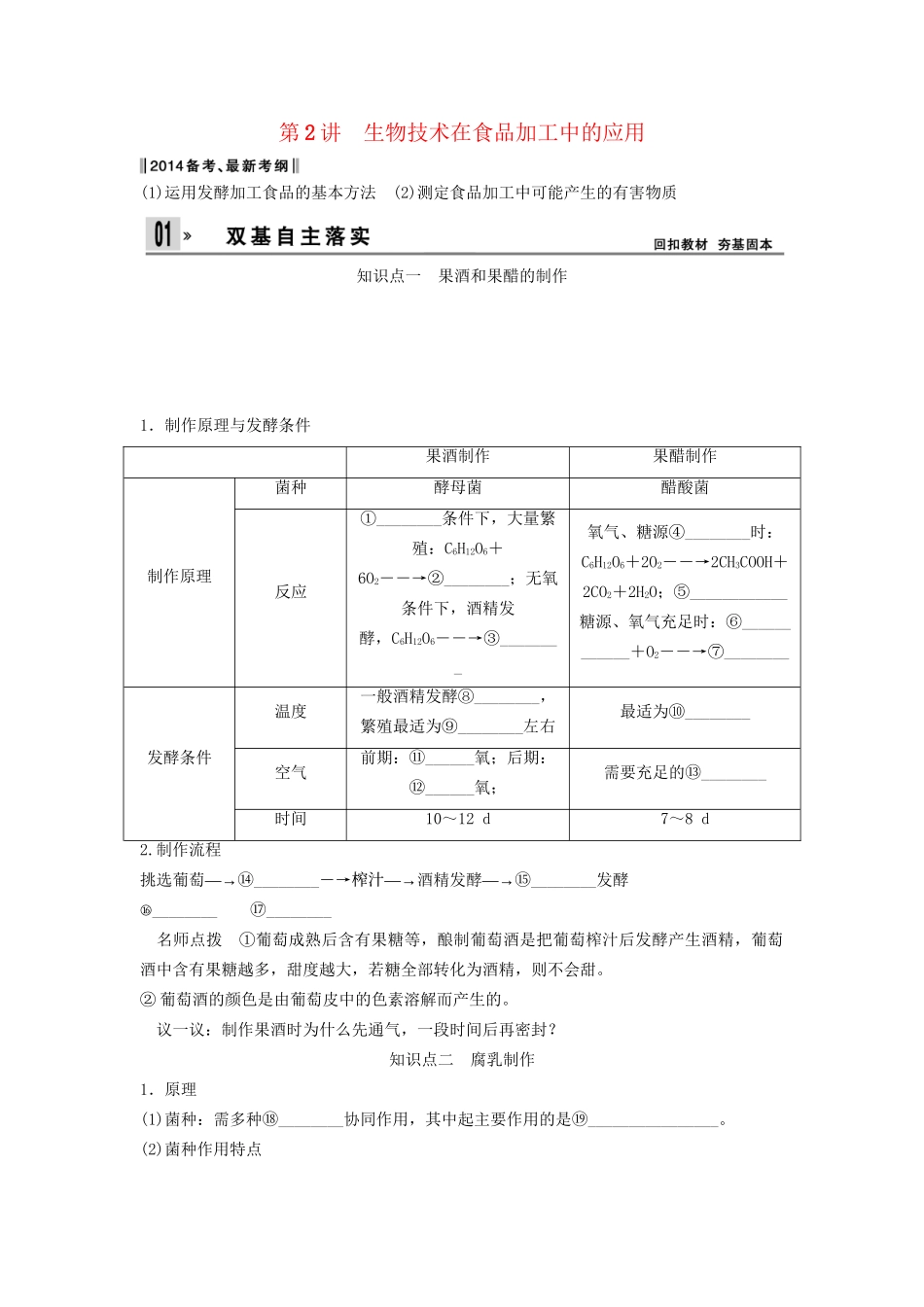 高考生物一轮复习方案 1-2 生物技术在食品加工中的应用 新人教版选修1_第1页