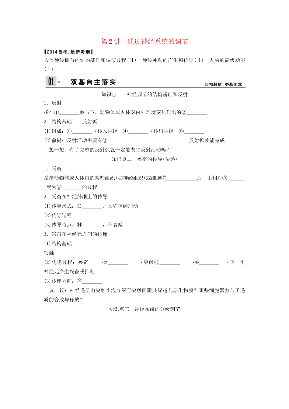 高考生物一轮复习方案 1-2 通过神经系统的调节 新人教版必修3_第1页