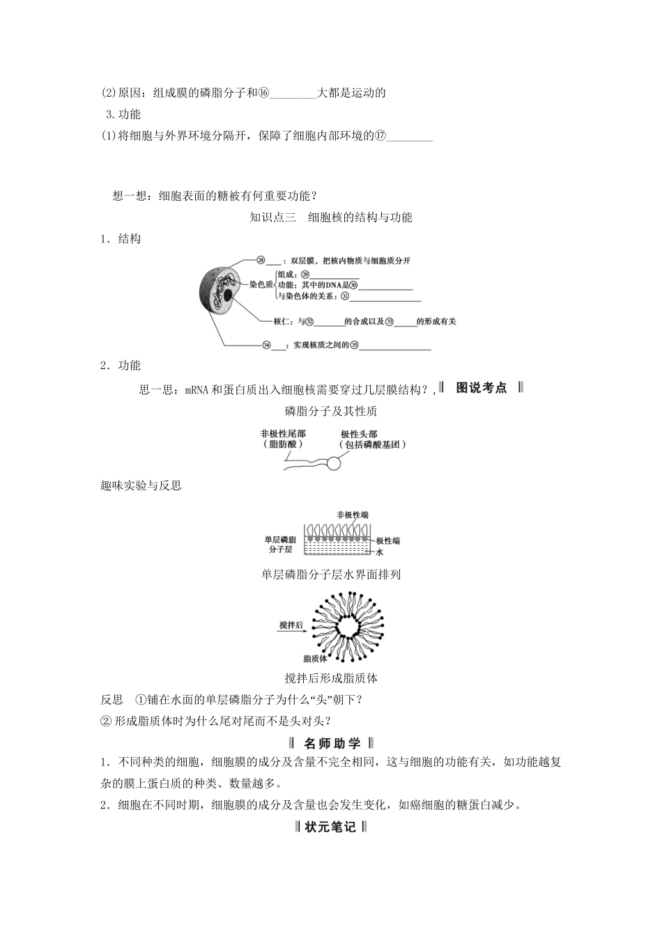 高考生物一轮复习方案 2-1 细胞膜（系统的边界、流动镶嵌模型）与细胞核 新人教版必修1_第2页