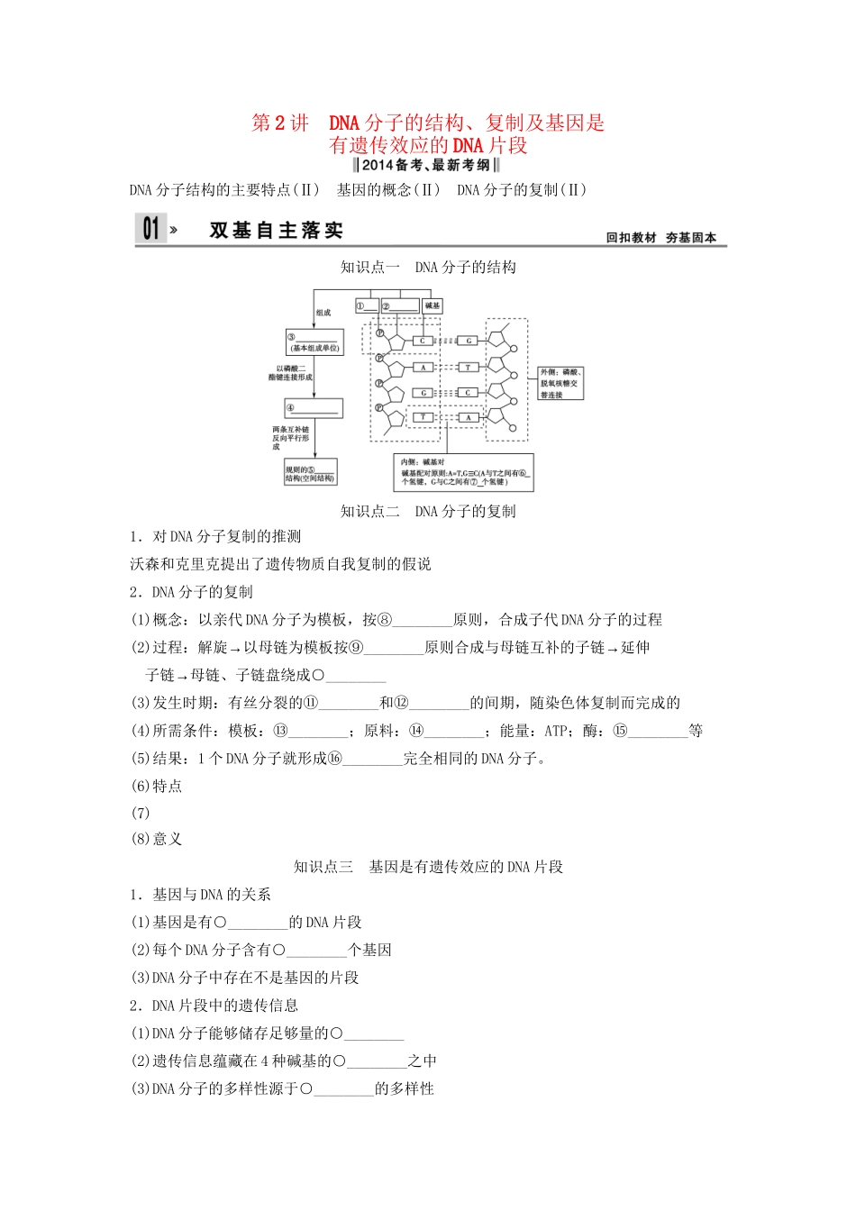 高考生物一轮复习方案 2-2 DNA分子的结构、复制及基因是 新人教版必修2_第1页