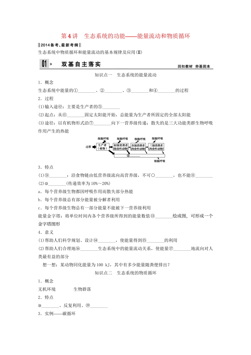 高考生物一轮复习方案 2-4 生态系统的功能 能量流动和物质循环 新人教版必修3_第1页