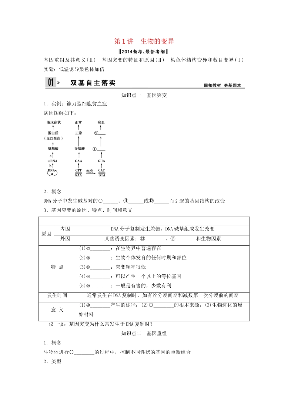 高考生物一轮复习方案 3-1 生物的变异 新人教版必修2_第1页