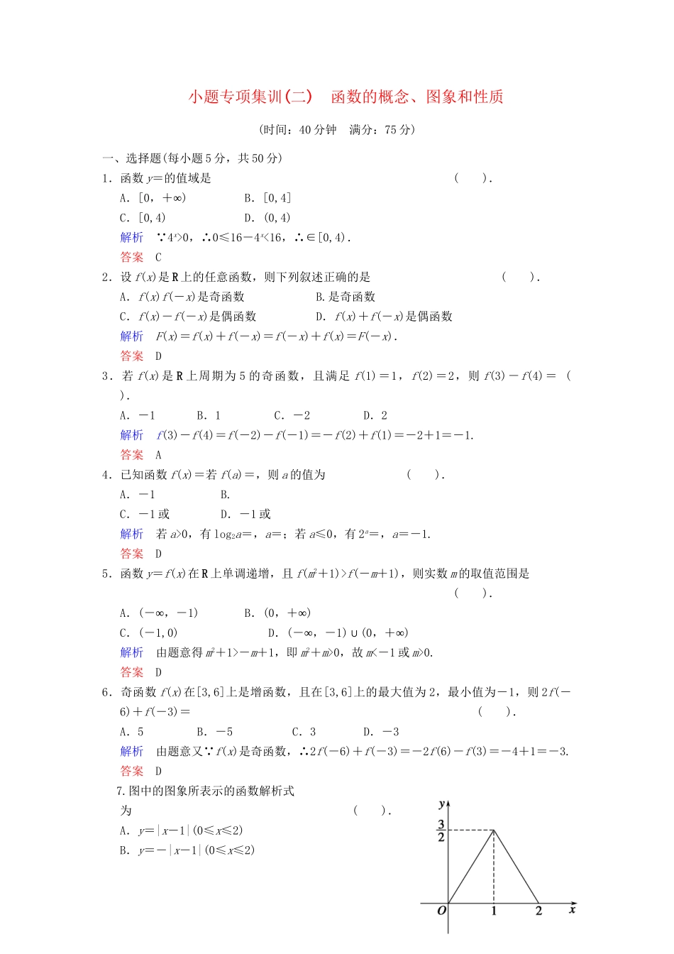 高考数学一轮总复习 小题专项集训(二) 函数的概念、图象和性质增分特色训练 理 湘教版_第1页