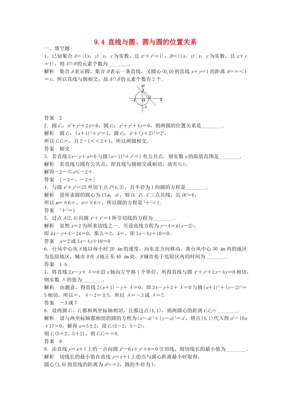 高考数学一轮复习 9.4 直线与圆、圆与圆的位置关系 理 苏教版_第1页