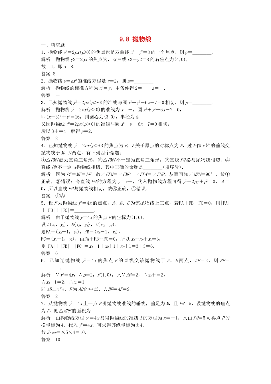 高考数学一轮复习 9.8 抛物线 理 苏教版_第1页