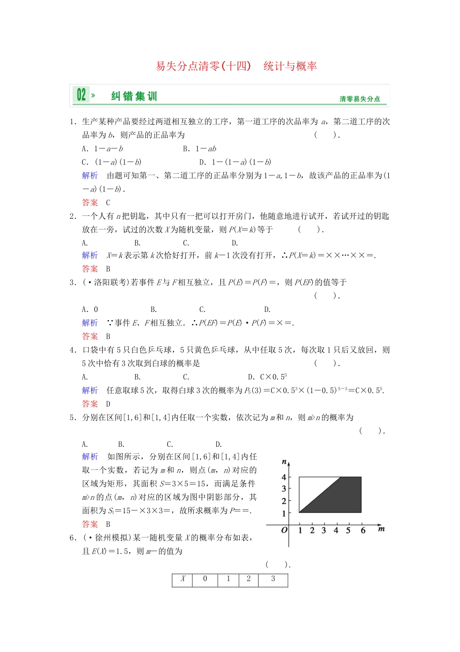 高考数学一轮总复习 易失分点清零(十四) 统计与概率增分特色训练 理 湘教版_第1页