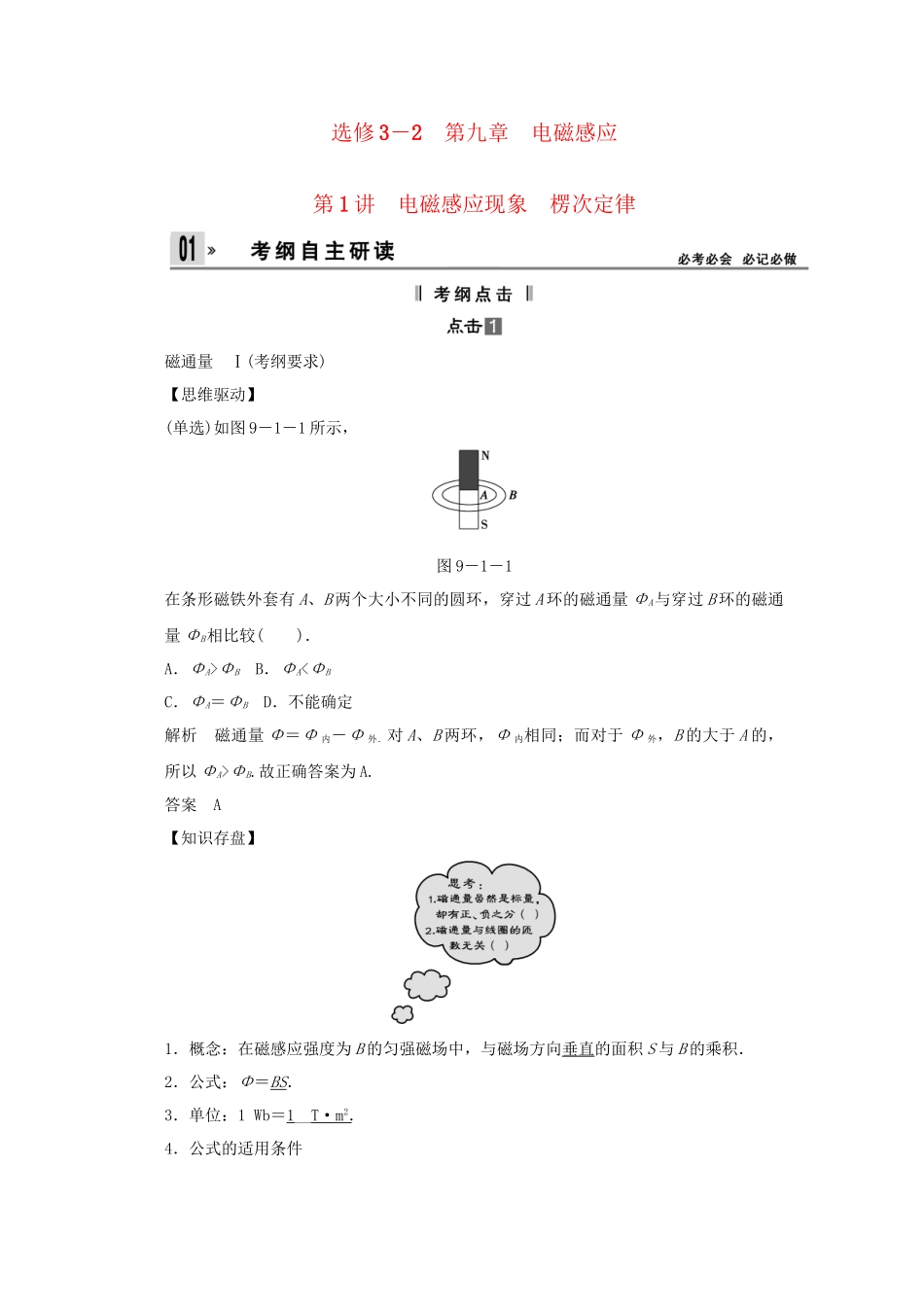 高考物理一轮 （考纲自主研读+命题探究+高考全程解密） 第1讲电磁感应现象 楞次定律（含解析） 新人教版_第1页