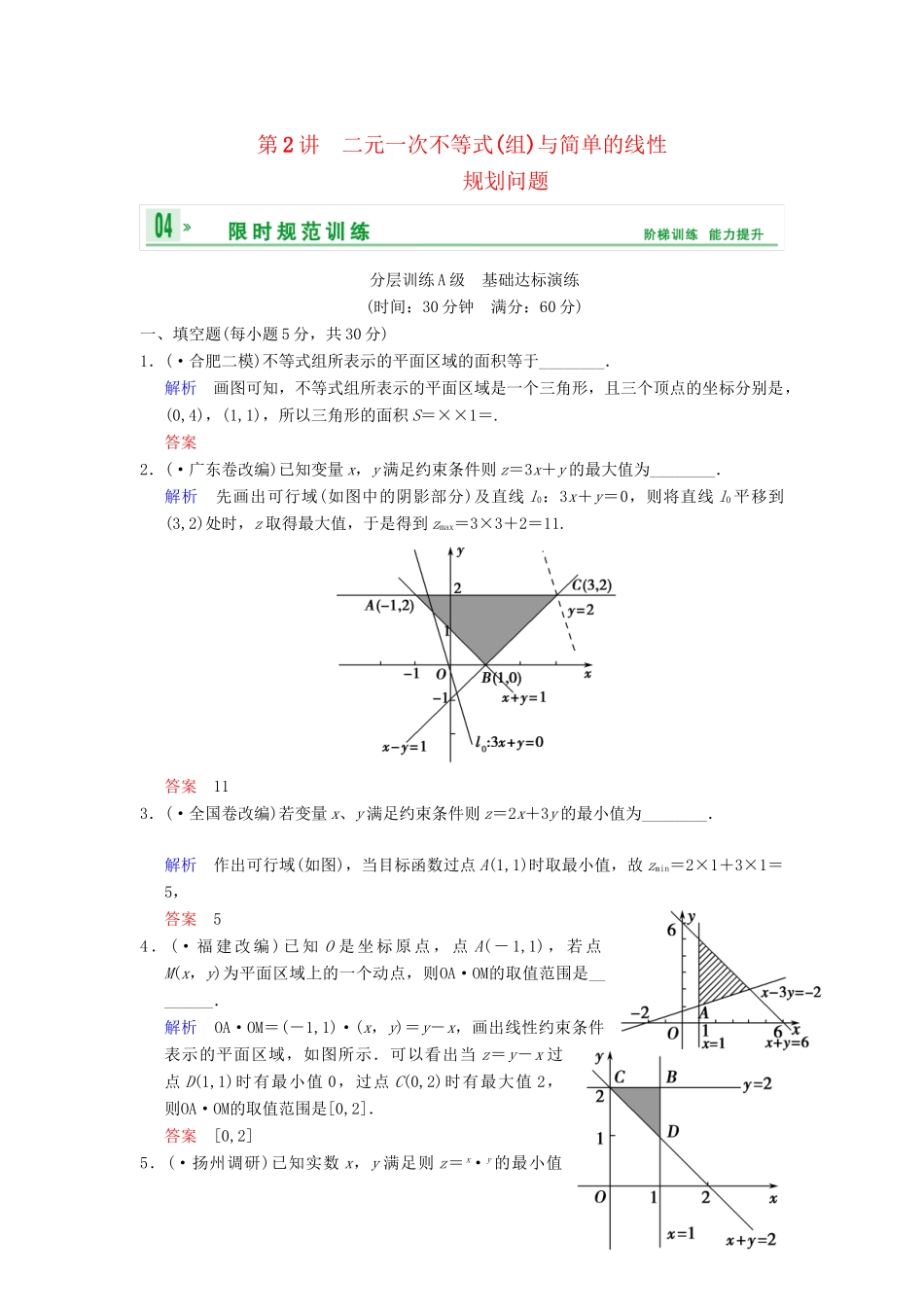 高考数学一轮复习 第七章 第2讲 二元一次不等式(组)与简单的线性规划问题配套限时规范训练 理 苏教版_第1页