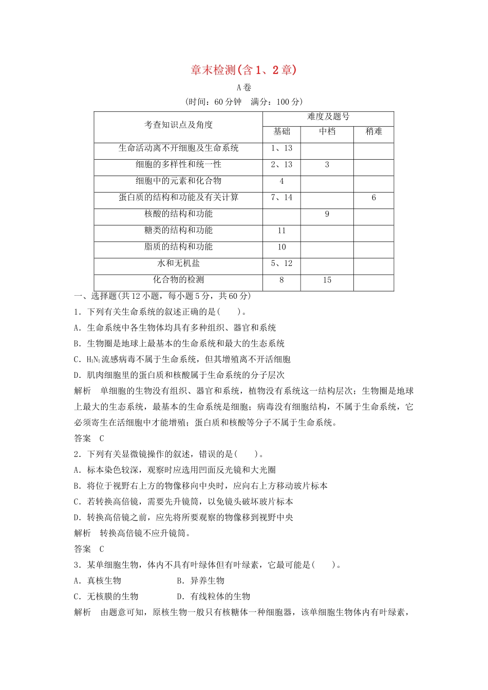 高中生物 1～2章末检测活页规范训练 新人教版必修1_第1页