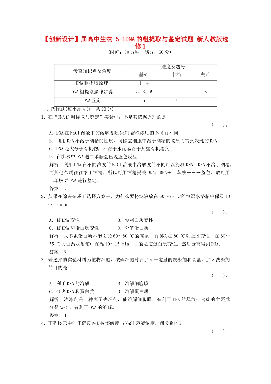 高中生物 51DNA的粗提取与鉴定试题 新人教版选修1_第1页
