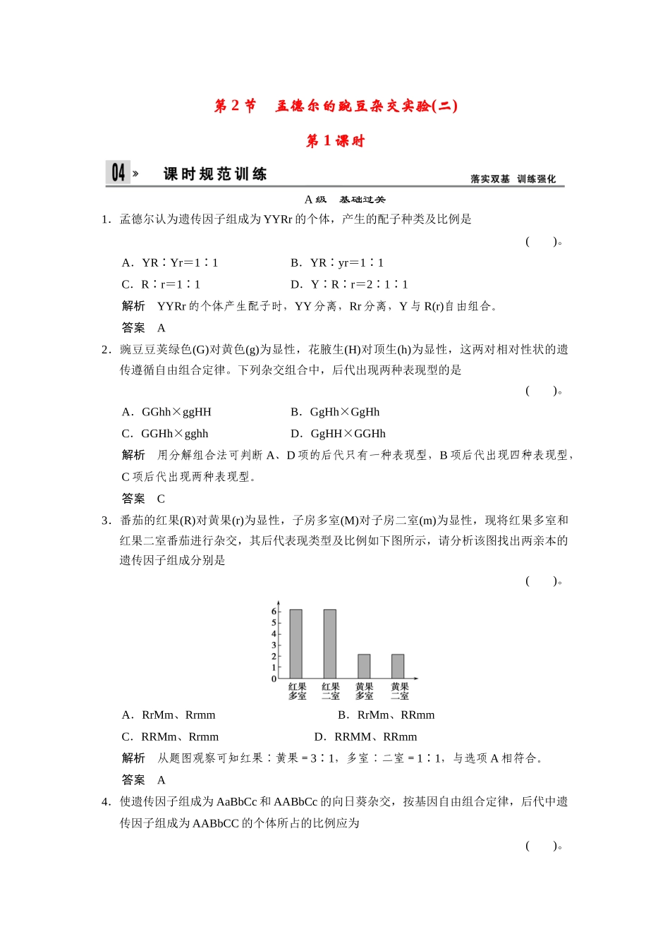 高中生物 1-2-1孟德尔的豌豆杂交实验(二)第1课时同步教学导学导练 苏教版必修2_第1页