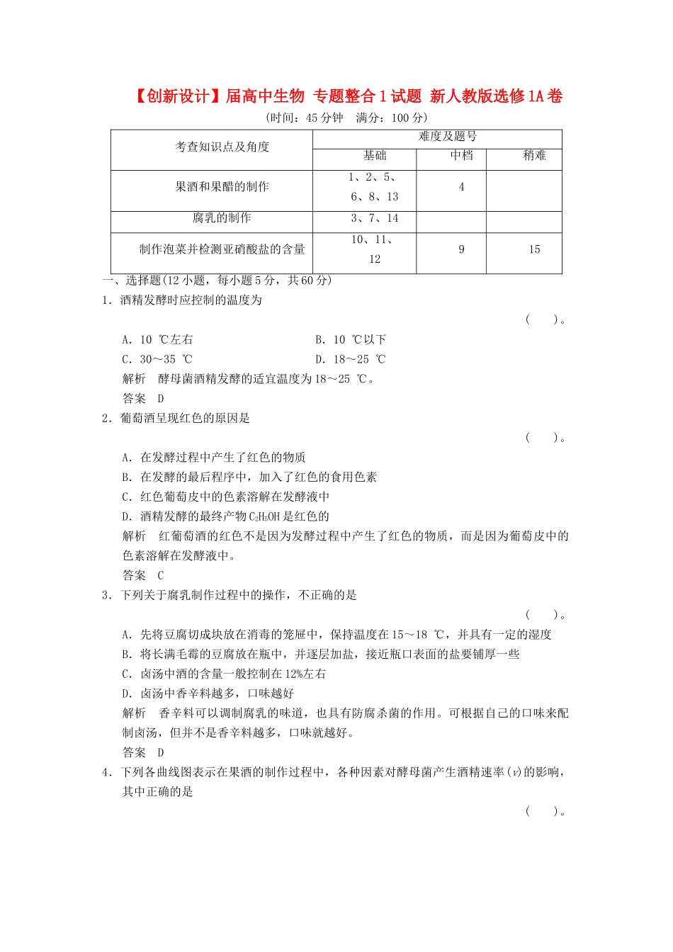 高中生物 专题整合1试题 新人教版选修1_第1页