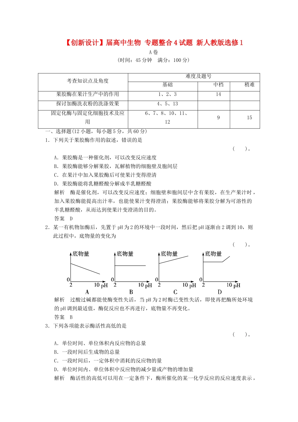 高中生物 专题整合4试题 新人教版选修1_第1页