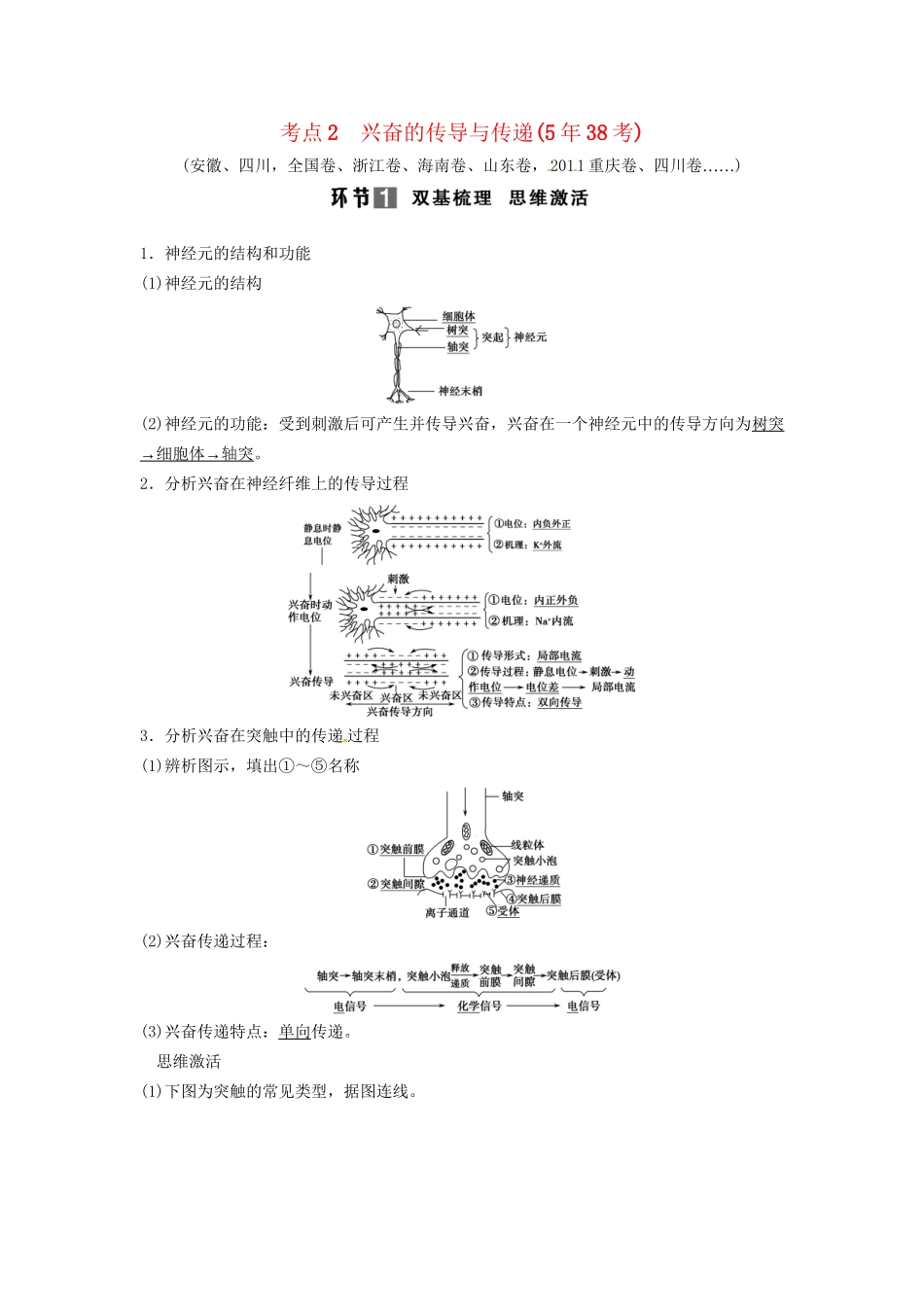 高考生物总复习 3-1-2 通过神经系统的调节 考点2 兴奋的传导与传递（538考）新人教版必修2_第1页