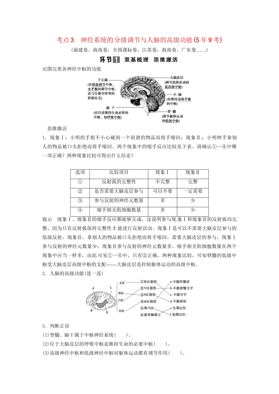 高考生物总复习 3-1-2 通过神经系统的调节 考点3 神经系统的分级调节与人脑的高级功能（59考）新人教版必修2_第1页