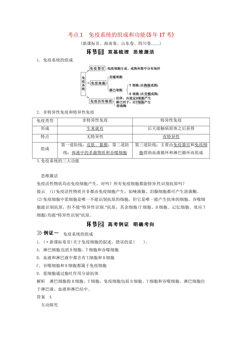 高考生物总复习 3-1-4 免疫调节 考点1 免疫系统的组成和功能(517考)_第1页