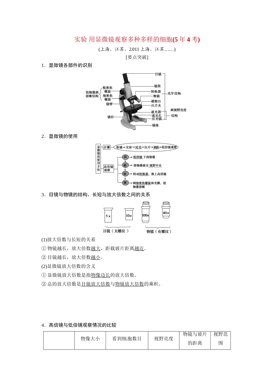 高考生物总复习 基础知识 1-1-1 走近细胞 实验 用显微镜观察多种多样的细胞（54考）新人教版必修1_第1页