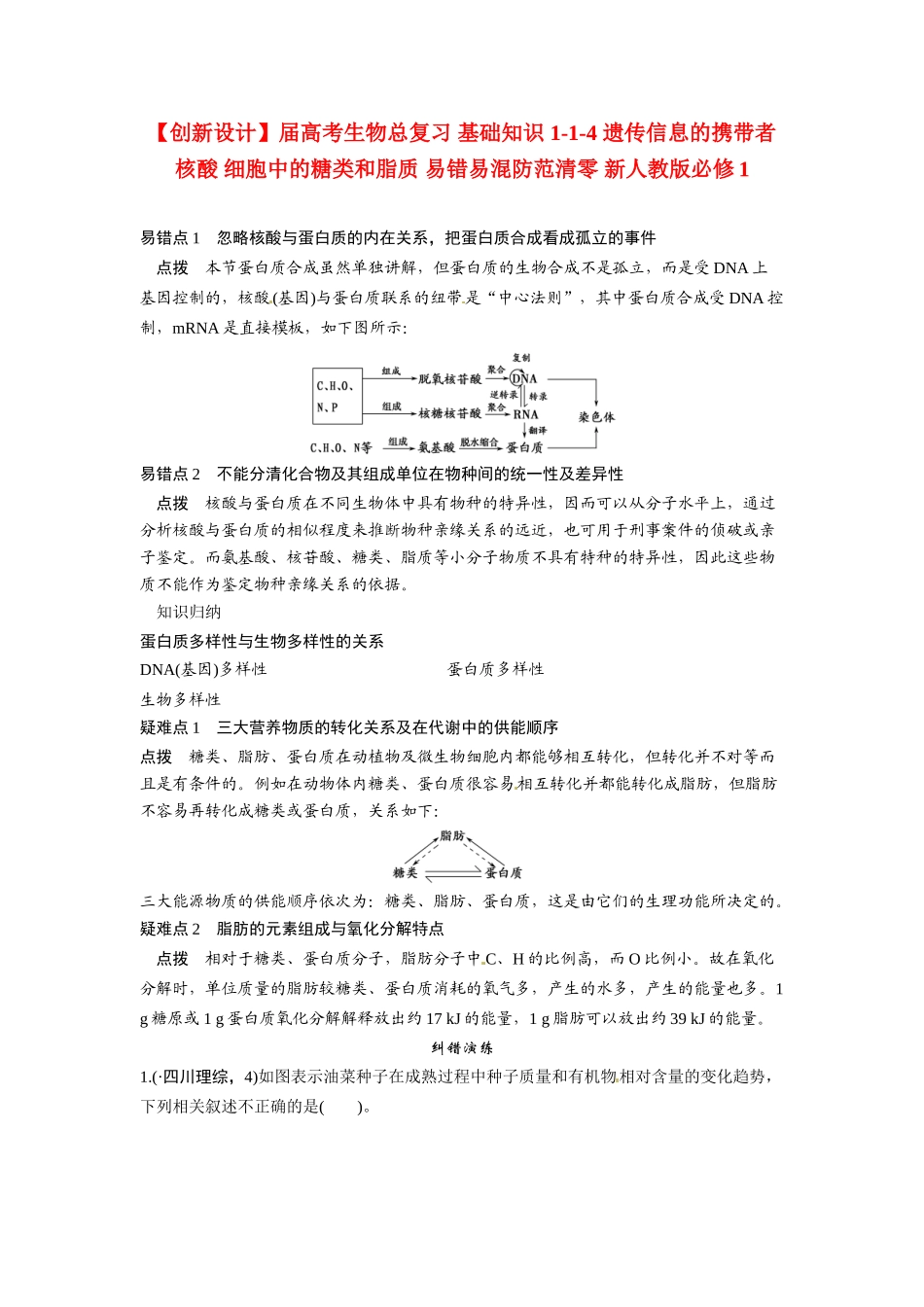 高考生物总复习 基础知识 1-1-4 遗传信息的携带者 核酸 细胞中的糖类和脂质 易错易混防范清零 新人教版必修1_第1页