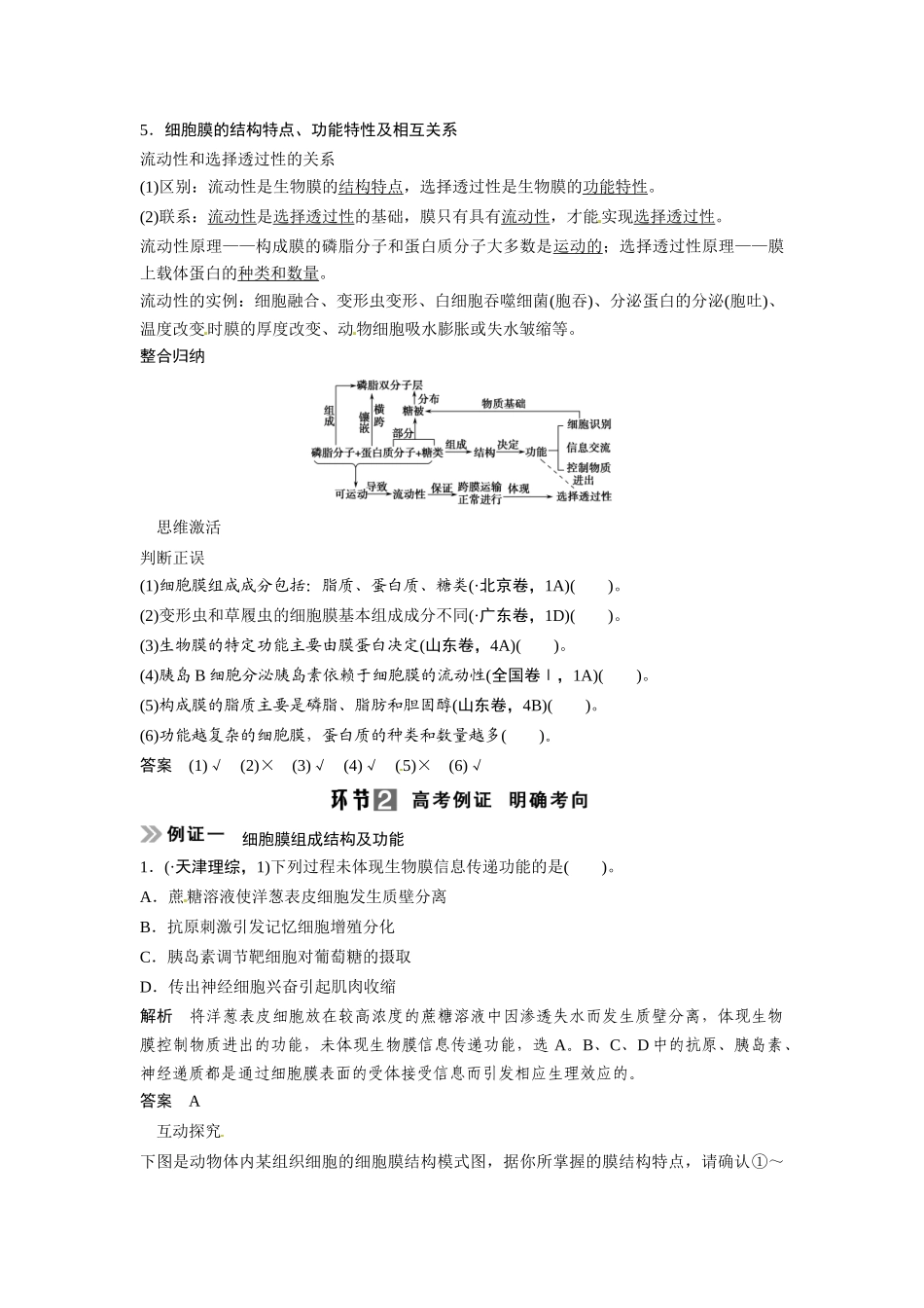 高考生物总复习 基础知识 1-2-1 细胞膜与细胞核（含生物膜的流动镶嵌模型）考点1 细胞膜的组成、结构及功能特性（510考）新人教版必修1_第2页