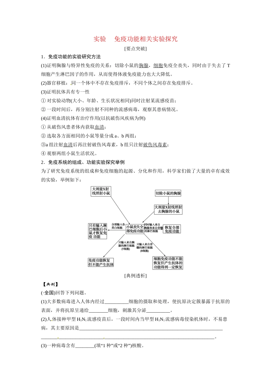 高考生物总复习 基础知识 3-1-4 免疫调节 实验 免疫功能相关实验探究 新人教版必修3_第1页