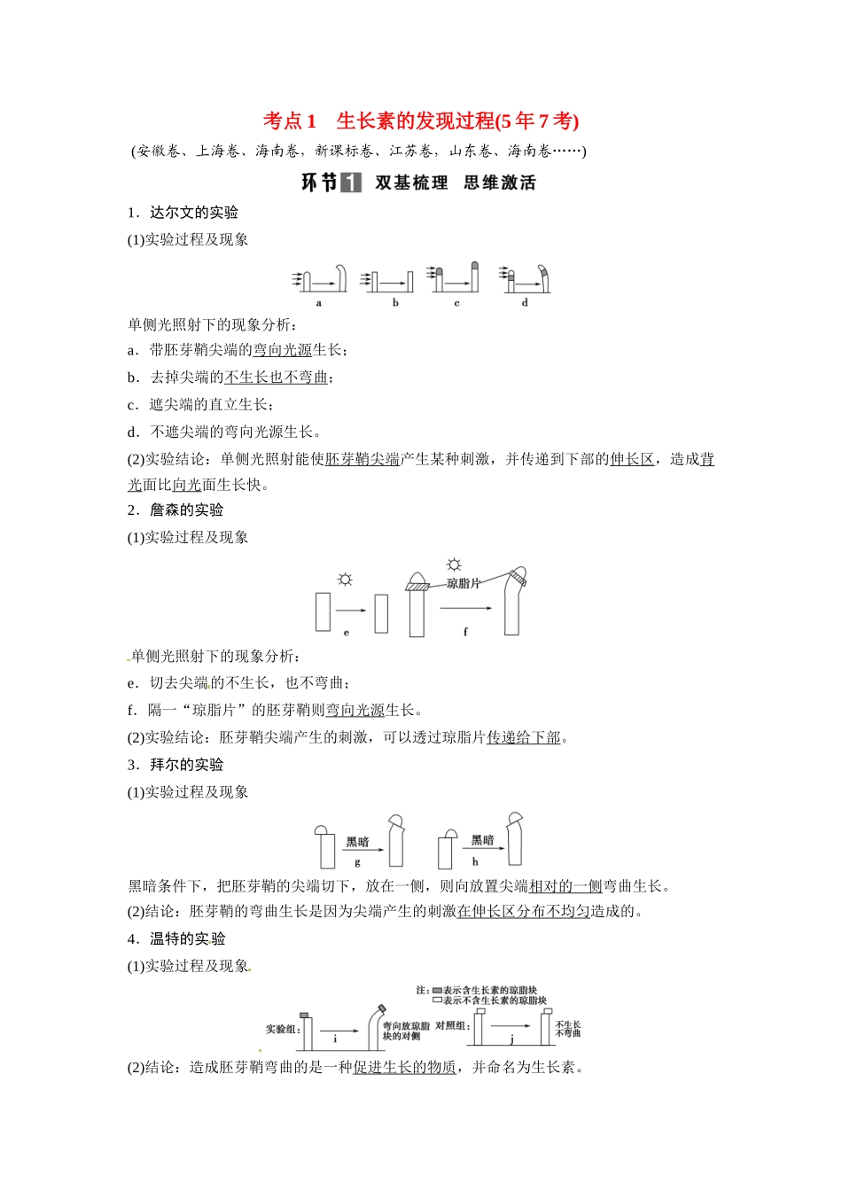 高考生物总复习 基础知识 3-1-5 植物的激素调节 考点1 生长素的发现过程（57考）新人教版必修3_第1页