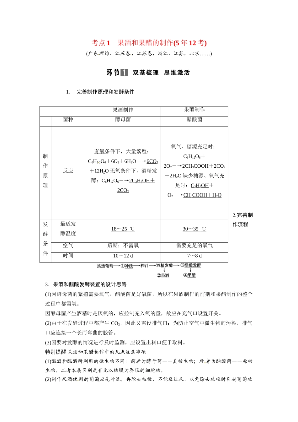 高考生物总复习 考点1 果酒和果醋的制作(512考)新人教版_第1页