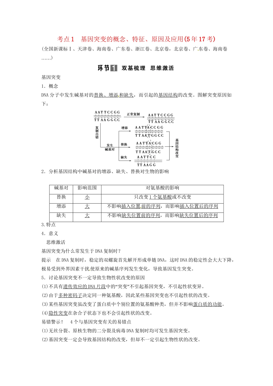 高考生物总复习 考点1 基因突变的概念、特征、原因及应用（517考）新人教版必修2_第1页