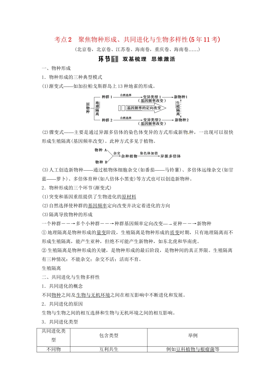 高考生物总复习 考点2 聚焦物种形成、共同进化与生物多样性（511考）新人教版必修2_第1页
