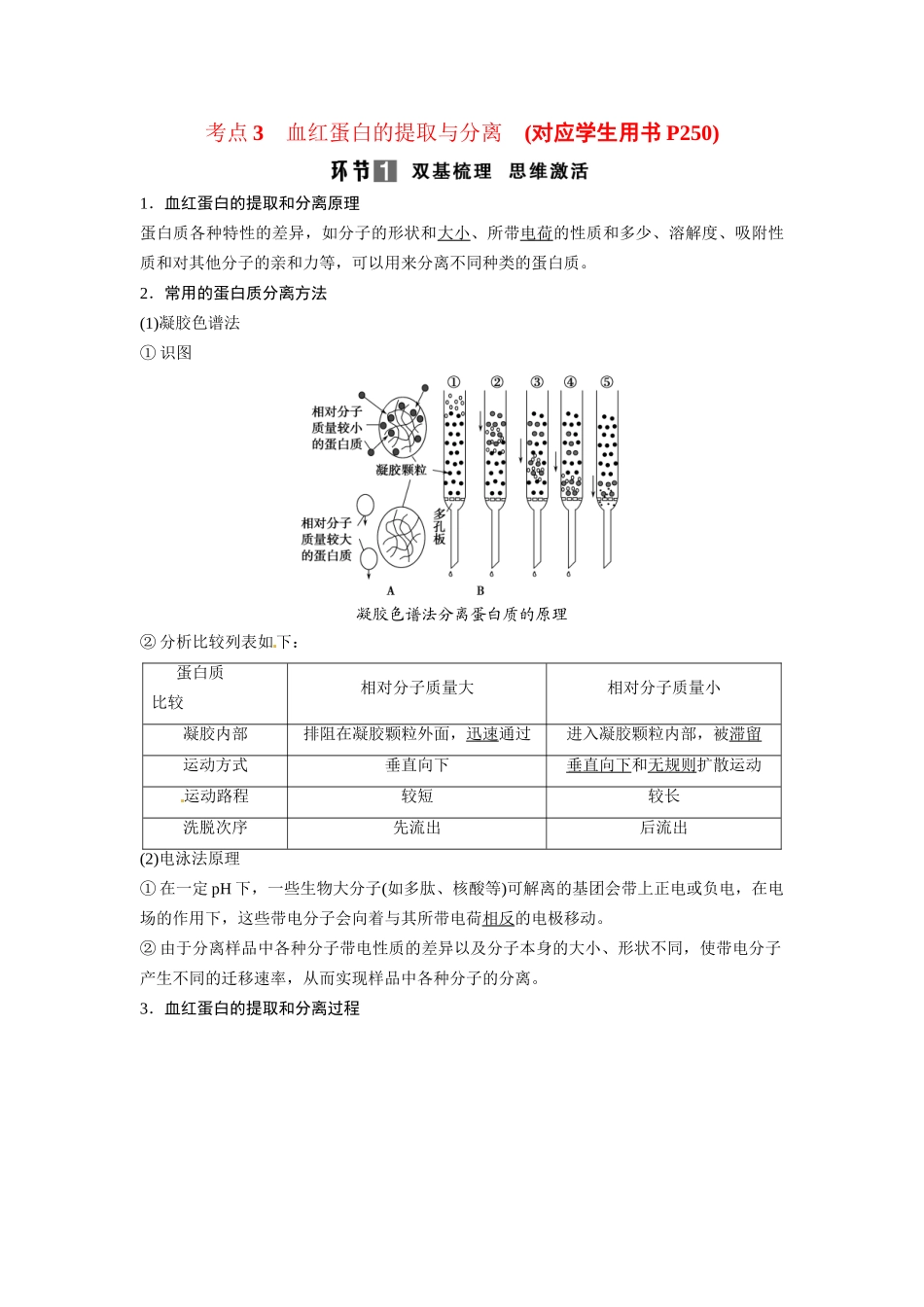 高考生物总复习 考点3 血红蛋白的提取与分离 新人教版_第1页