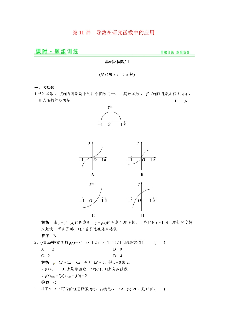 高考数学第一轮复习 2-11 导数在研究函数中的应用题组训练 理（含14优选题，解析）新人教A版_第1页