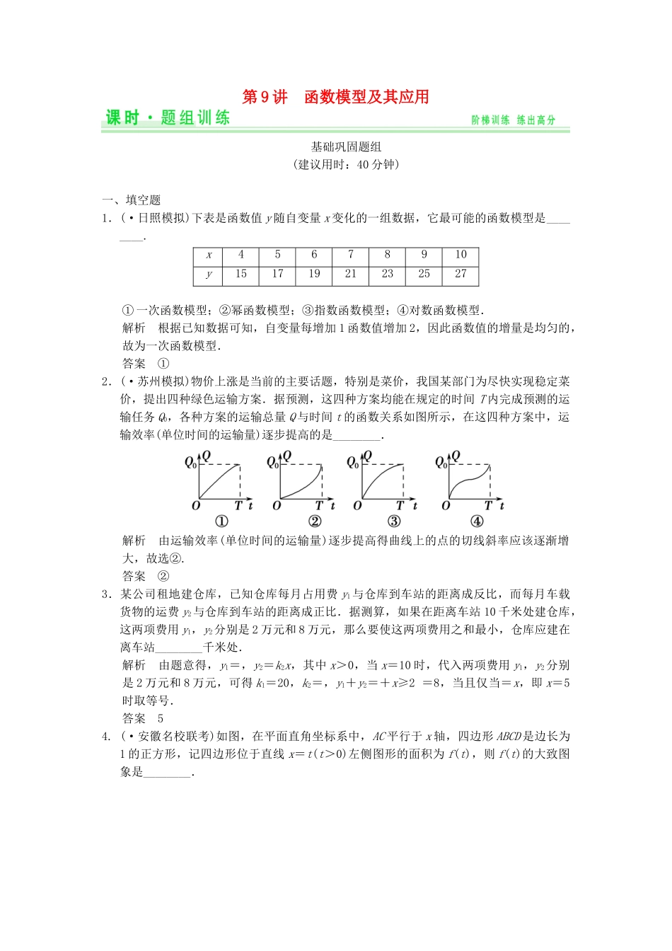 高考数学一轮总复习 2.9 函数模型及其应用题组训练 理 苏教版_第1页