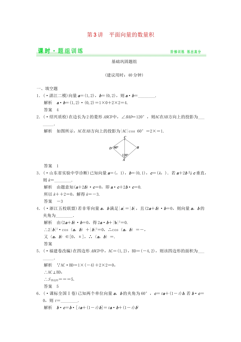 高考数学一轮总复习 5.3 平面向量的数量积题组训练 理 苏教版_第1页