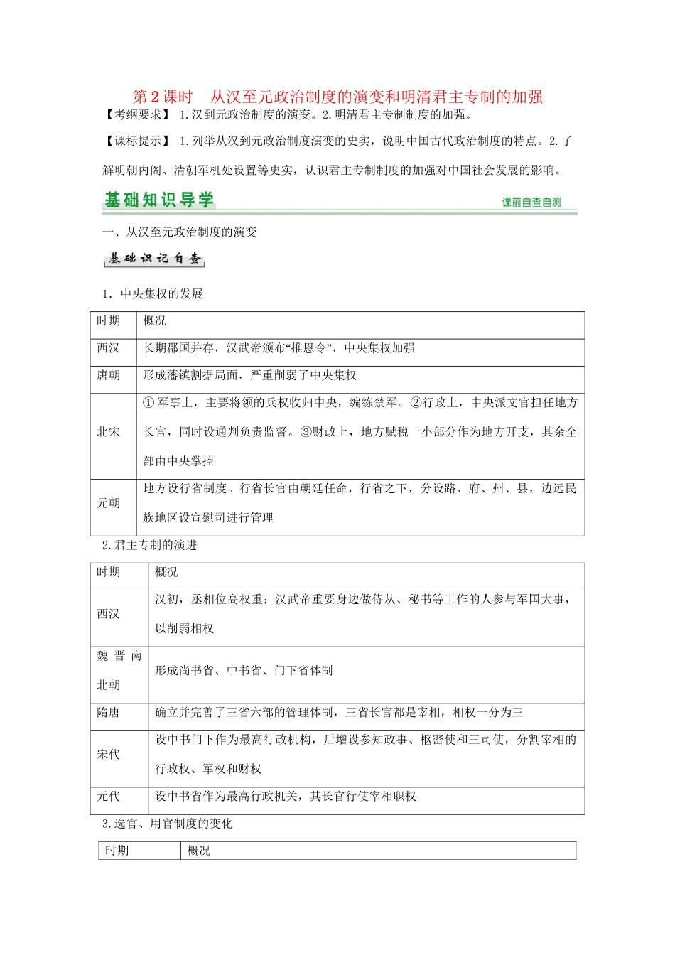 高考历史一轮复习（基础知识导学+核心要点突破+高考命题视角）第2课时 从汉至元政治制度的演变和明清君主专制的加强精细化讲义（含解析）_第1页