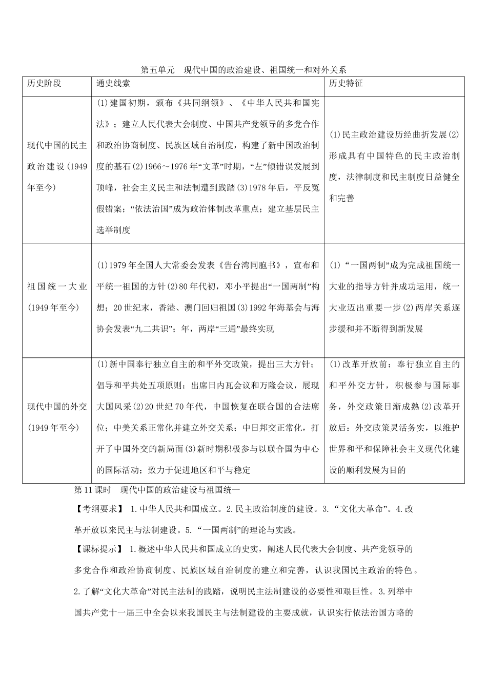高考历史一轮复习（基础知识导学+核心要点突破+高考命题视角）第11课时 现代中国的政治建设与祖国统一精细化讲义（含解析）_第1页