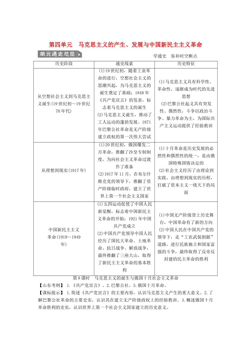 （山东适用）版高考历史一轮复习讲义 （知识整合+聚焦重点+对接高考+限时规范训练） 第四单元 第8课时 马克思主义的诞生与俄国十月社会主义革命 新人教版必修1_第1页