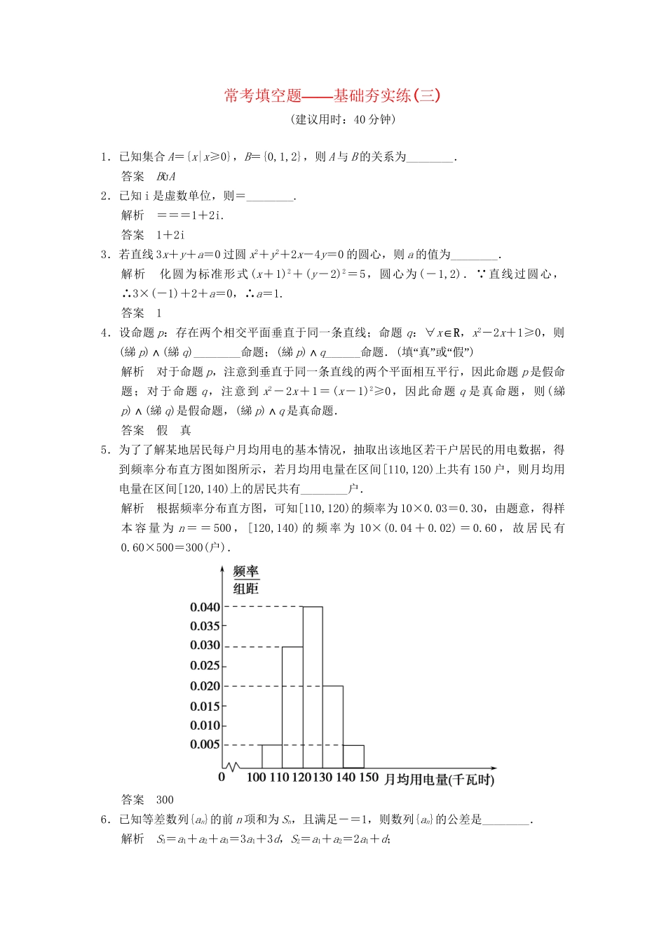 高考数学一轮总复习 常考填空题 基础夯实练3 理 苏教版_第1页