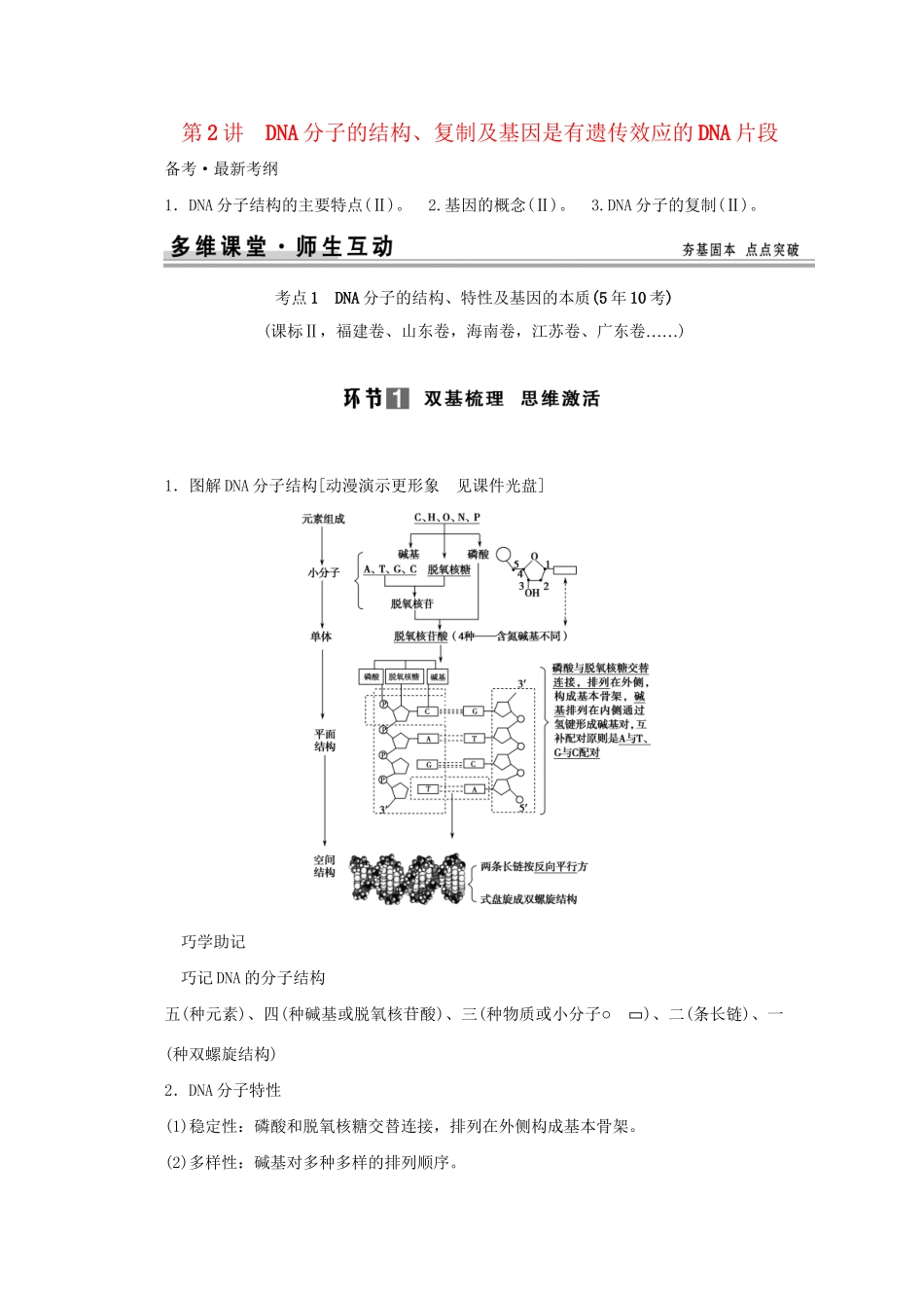 （山东专用）高考生物 第二单元 第2讲 DNA分子的结构、复制及基因是有遗传效应的DNA片段演练 新人教版必修2_第1页