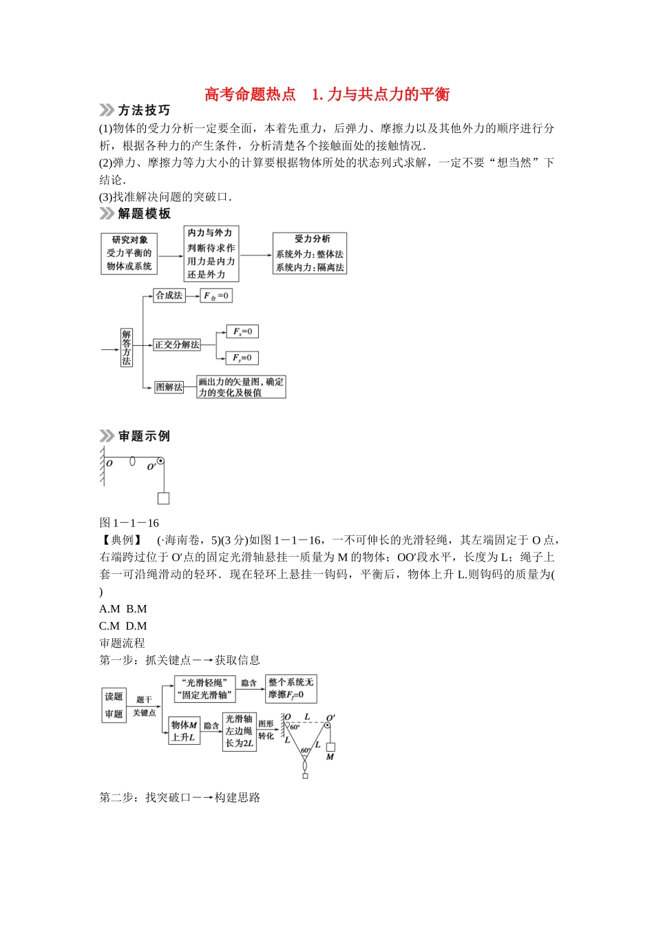 （山东专用）高考物理二轮专题辅导训练 专题1 第1讲 高考命题热点　1 力与共点力的平衡（含解析）_第1页