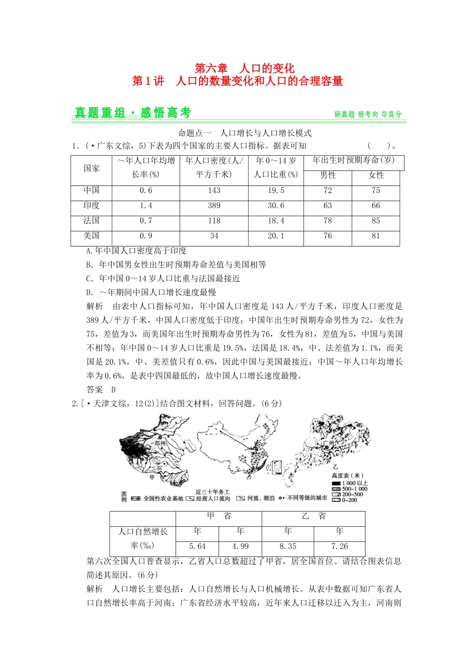 高考地理一轮复习 真题重组感悟 6.1 人口的数量变化和人口的合理容量 新人教版_第1页