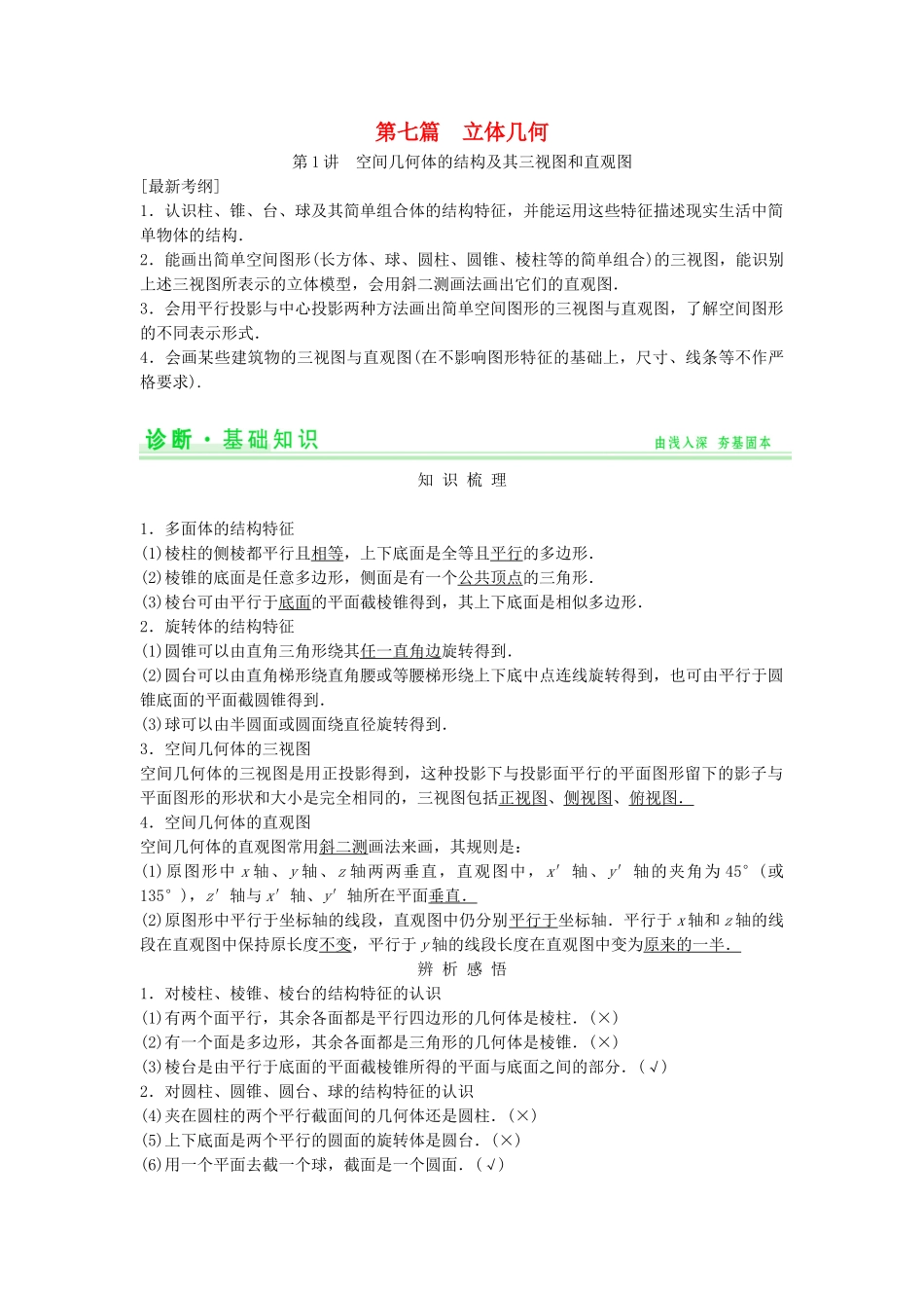 高考数学第一轮复习 第七篇 立体几何细致讲解练 理 新人教A版_第1页